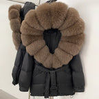 OFTBUY Thick Warm Mid-Long Puffer Coat Real Fox Fur Collar White Duck Down Coat Female Loose Warm Hooded Parkas With Belt