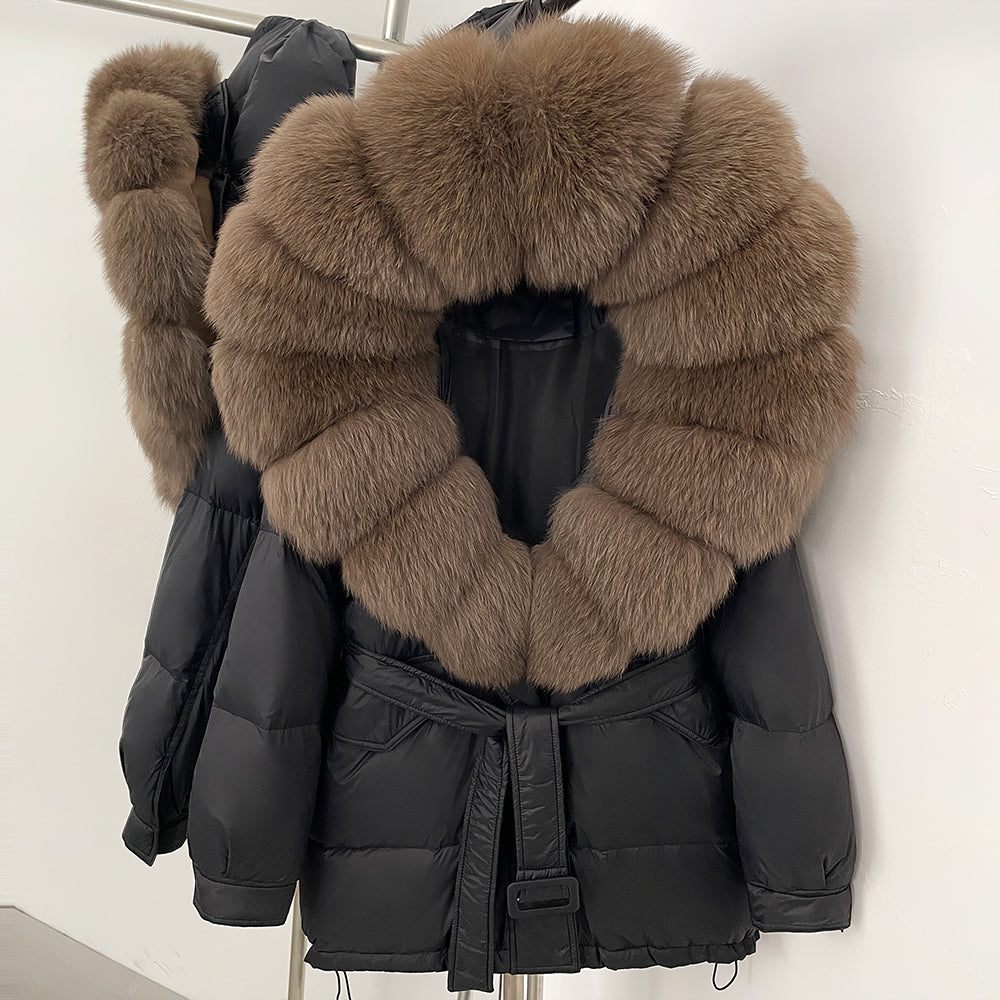 OFTBUY Thick Warm Mid-Long Puffer Coat Real Fox Fur Collar White Duck Down Coat Female Loose Warm Hooded Parkas With Belt