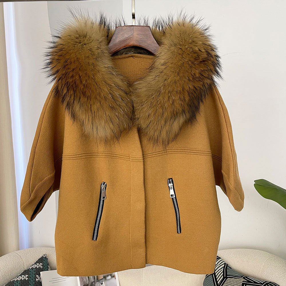 OFTBUY Autumn Winter Real Fox Raccoon Fur Collar Coat Knitted Sweater Women Short Sleeve Jacket Thick Warm Outerwear Streetwear