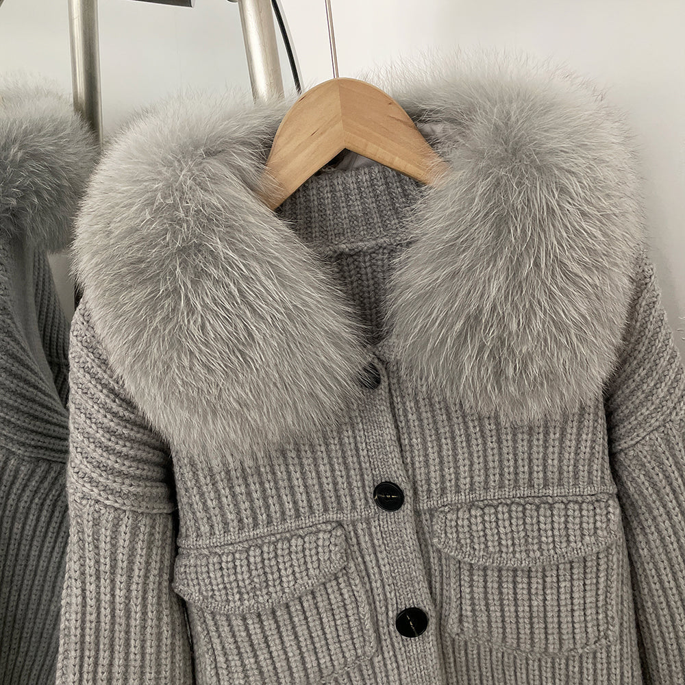 OFTBUY Short Natural Fox Fur Collar Knitted Sweater Coat FemaleReal Fur Clothing New Autumn Winter Knitting Cardigan Women