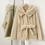 OFTBUY Wholesale Hooded Belt Faux Fur Coat Female Thickened Warm Fluffy Fake Fur Jacket Women New Winter Long Sleeve Fur Clothes Female