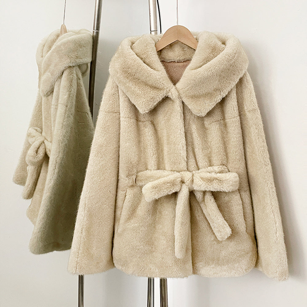 OFTBUY Wholesale Hooded Belt Faux Fur Coat Female Thickened Warm Fluffy Fake Fur Jacket Women New Winter Long Sleeve Fur Clothes Female