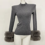 OFTBUY Luxury Mock Neck Ribbed Knit Top with Oversized 100% Real Fox Fur Cuffs