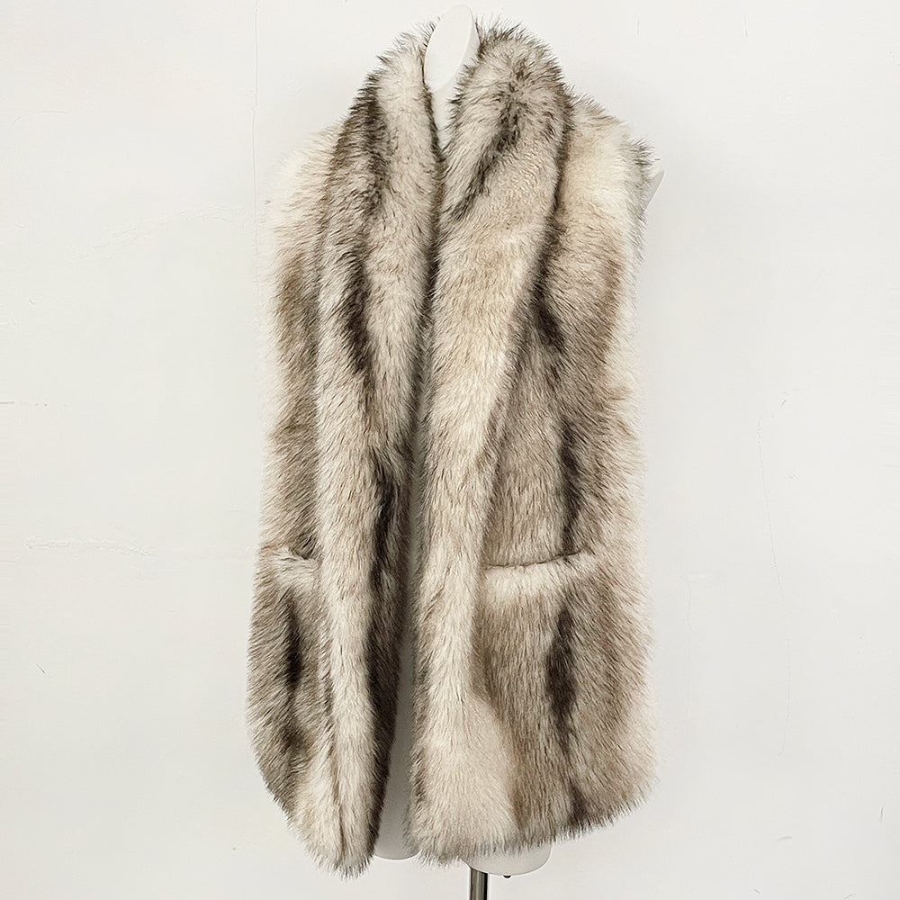OFTBUY Luxury Long-Line Faux Fur Gilet - Premium Vegan Fox Fur Sleeveless Overcoat with Oversized Shawl Collar