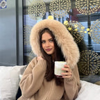 OFTBUY Luxury Knitted Zip-Up Hoodie with Oversized Real Fox Fur Hood - Premium Apres-Ski Luxe Loungewear