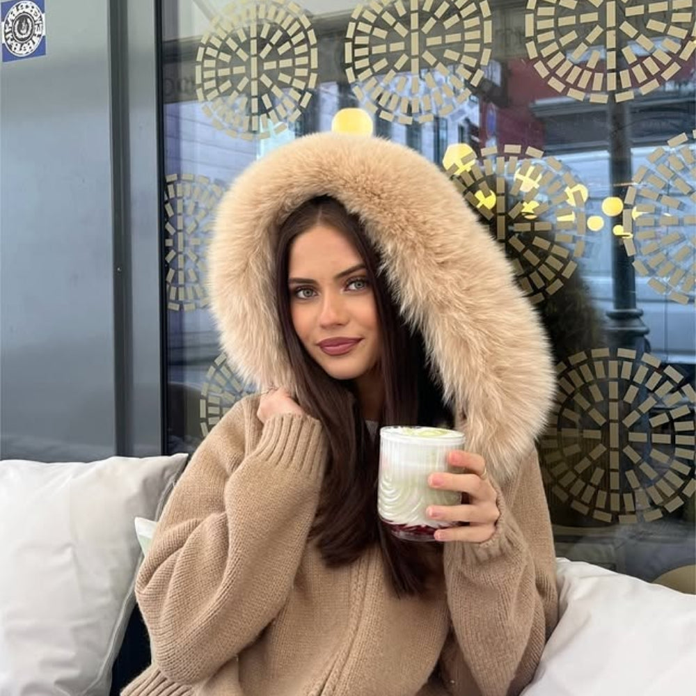 OFTBUY Luxury Knitted Zip-Up Hoodie with Oversized Real Fox Fur Hood - Premium Apres-Ski Luxe Loungewear