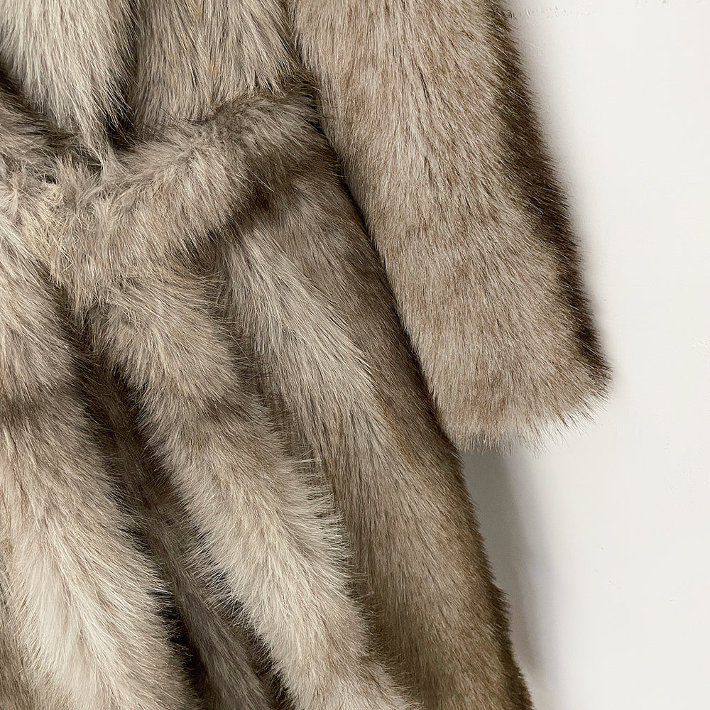 OFTBUY Luxury Long-Length Belted Faux Fur Coat - Premium Vegan Silver Fox Style Overcoat with Oversized Lapel