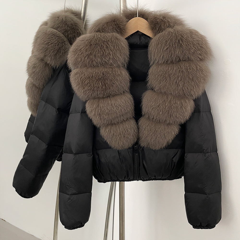 OFTBUY New Puffer Jacket Women with Large Natural Fox Fur Collar Short Fluffy Thick Parkas Female 90% White Duck Down Coat Lady