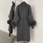 OFTBUY New Autumn Winter Knitted Sleeves Woolen Clothes Women High Collar Belt Real Fox Fur Wool Coat Female Alpaca Loose Jacket