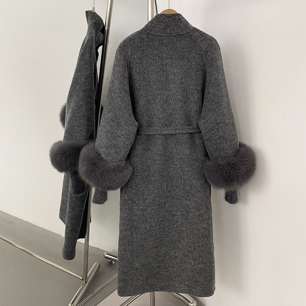 OFTBUY New Autumn Winter Knitted Sleeves Woolen Clothes Women High Collar Belt Real Fox Fur Wool Coat Female Alpaca Loose Jacket