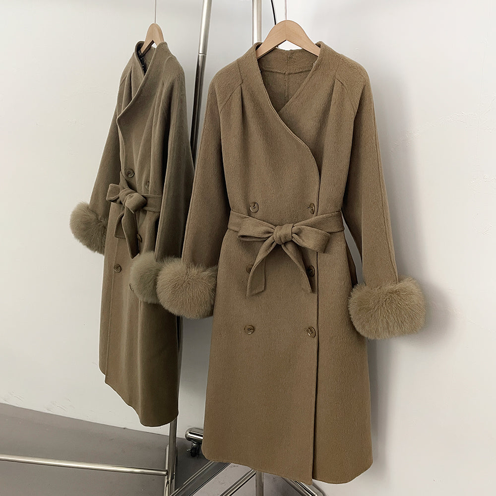 OFTBUY New Women's Wool Coat with Real Fox Fur Cuffs Double Breasted Belted Bow Pockets Warm Winter Elegant Fashion Outerwear