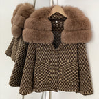 OFTBUY Women's Real Fox Raccoon Fur Collar Houndstooth Knit Cardigan Warm Winter Sweater Coat Female Luxury Elegant Outerwear