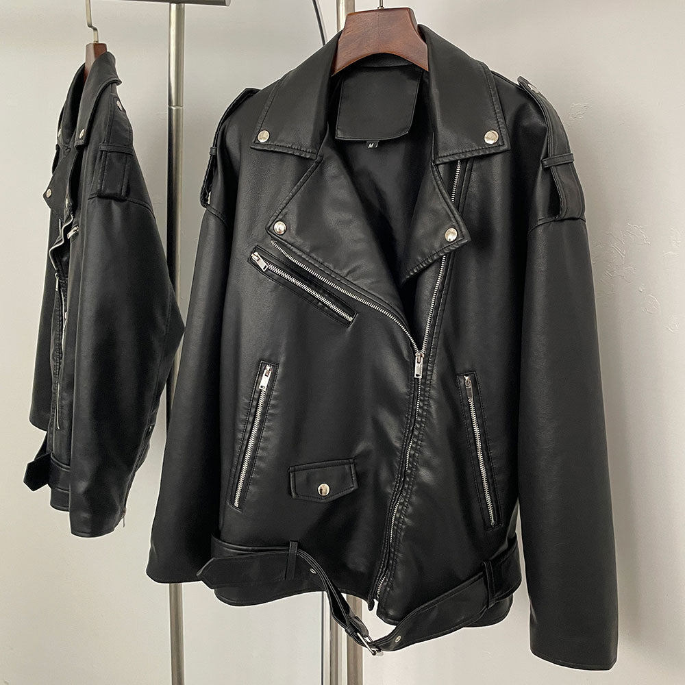 OFTBUY Women's Vintage Black Faux Leather Jacket with Waist Belt Lapel Collar PU Leather Coat Lady New Elegant Office Outerwear