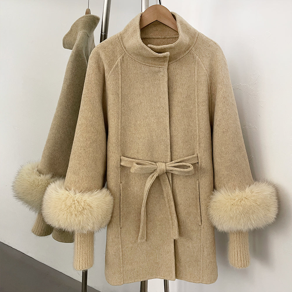 OFTBUY High Collar Belt Real Fox Fur Wool Coat Female New Autumn Winter Knitted Sleeves Woolen Clothes Women Alpaca Loose Jacket