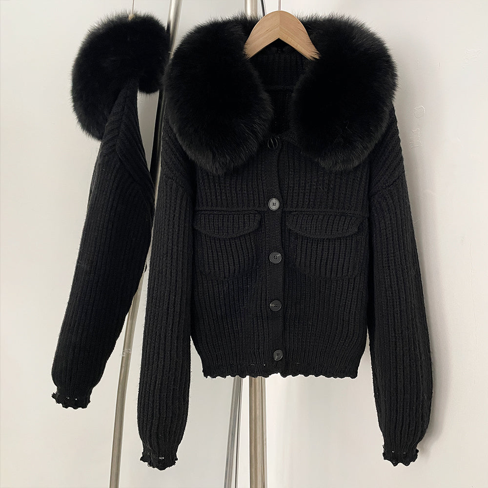 OFTBUY Short Natural Fox Fur Collar Knitted Sweater Coat FemaleReal Fur Clothing New Autumn Winter Knitting Cardigan Women