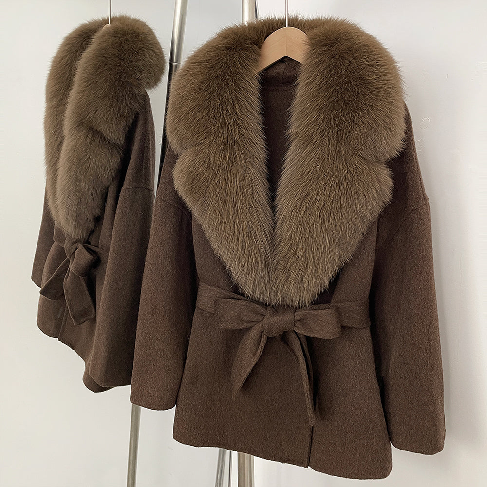 OFTBUY Belted Warm Winter Elegant Fashion Outerwear Lady New Women's Double-Faced Wool Coat with Large Real Fox Fur Collar Cuffs