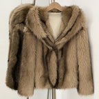 OFTBUY Luxury Hooded Faux Fur Jacket - Premium Vegan Silver Fox Style Cropped Winter Coat