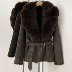OFTBUY New Women's Suede Jacket with Real Fox Fur Collar Real Rabbit Fur Lining Coat Female Belted Warm Winter Luxury Outerwear
