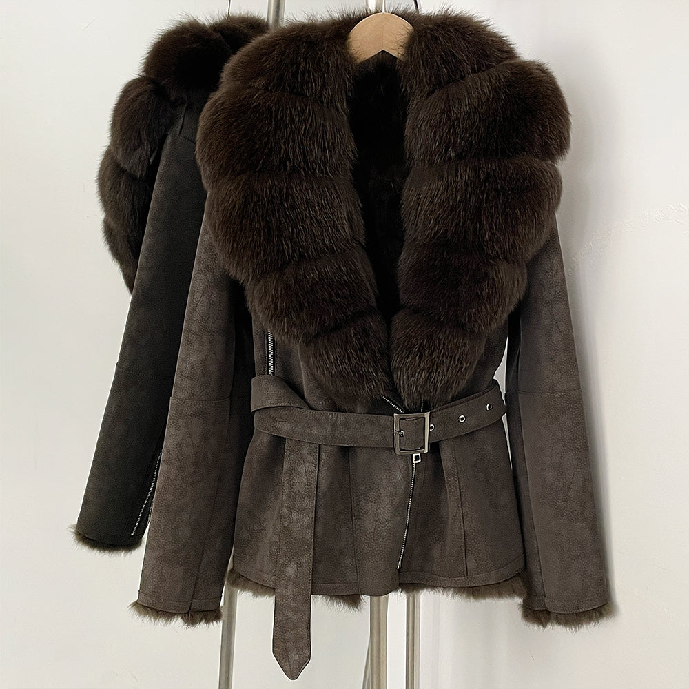 OFTBUY New Women's Suede Jacket with Real Fox Fur Collar Real Rabbit Fur Lining Coat Female Belted Warm Winter Luxury Outerwear
