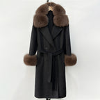 OFTBUY Fashion Warm Solid Long Wool Real Fur Jacket Female Natural Fox Fur Cuff Woolen Coat New Autumn Winter Black Clothes Lady