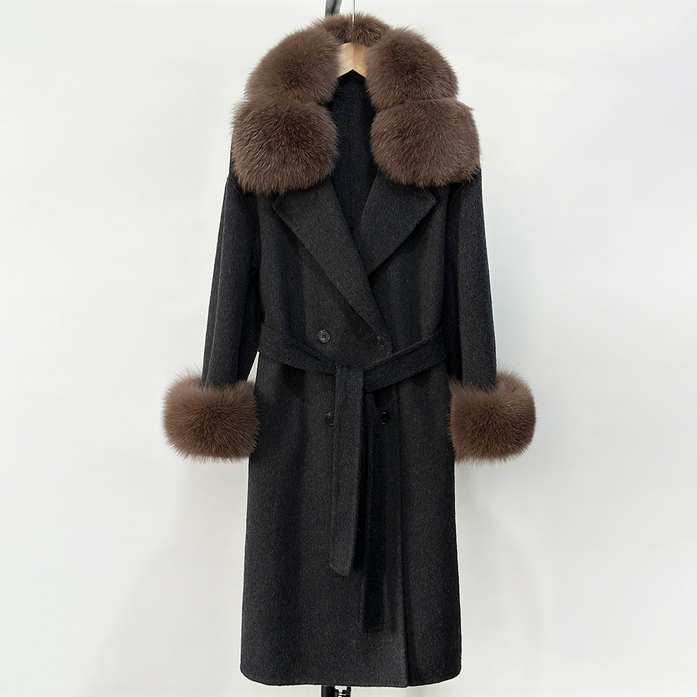 OFTBUY Fashion Warm Solid Long Wool Real Fur Jacket Female Natural Fox Fur Cuff Woolen Coat New Autumn Winter Black Clothes Lady