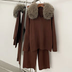 OFTBUY Knitted Pant Set Female Fashion Warm Real Fox Fur Sweater Lady New Autumn Winter Plus Size Woman Clothes Outfits Knitwear