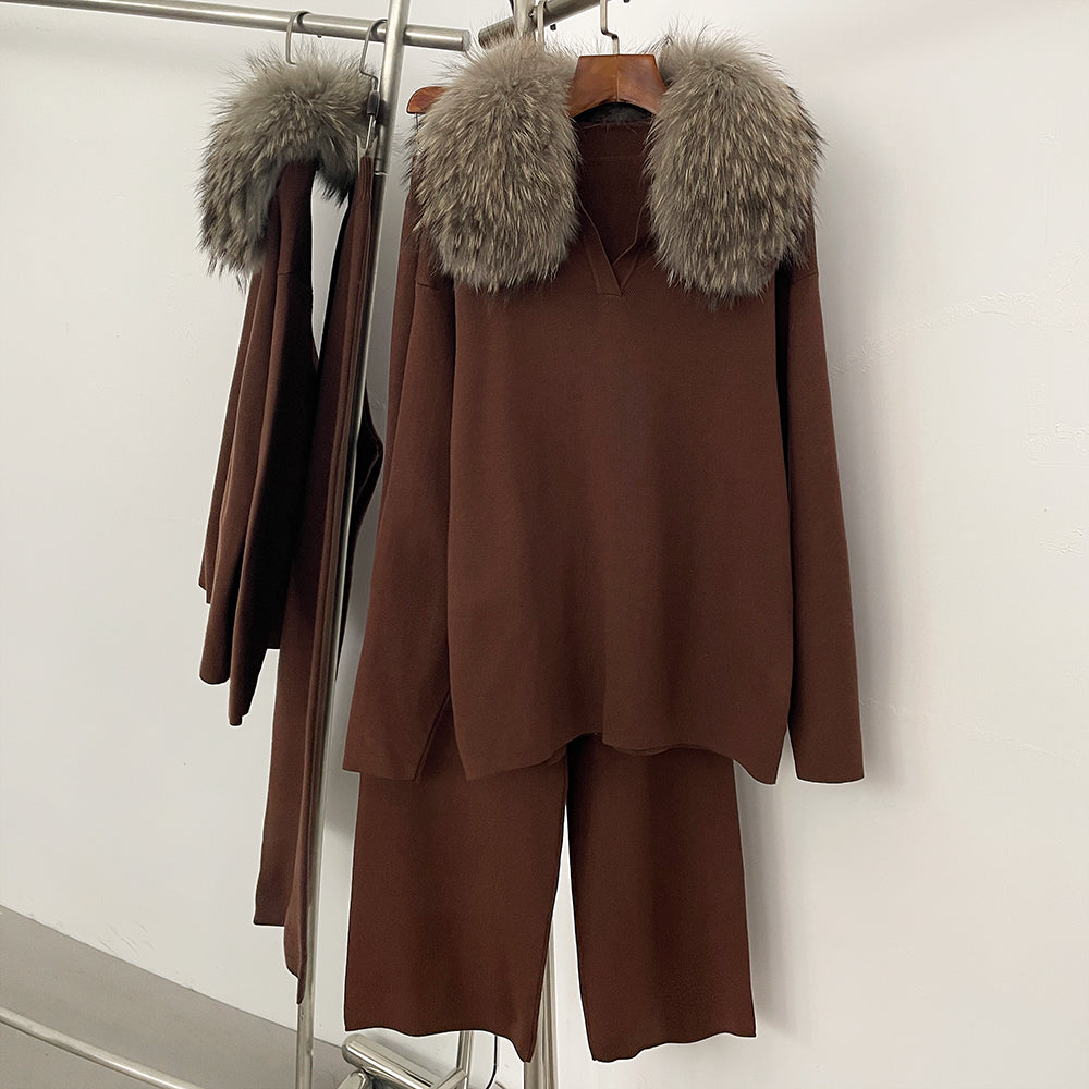 OFTBUY Knitted Pant Set Female Fashion Warm Real Fox Fur Sweater Lady New Autumn Winter Plus Size Woman Clothes Outfits Knitwear