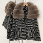 OFTBUY Women's Real Fox Raccoon Fur Collar Houndstooth Knit Cardigan Warm Winter Sweater Coat Female Luxury Elegant Outerwear