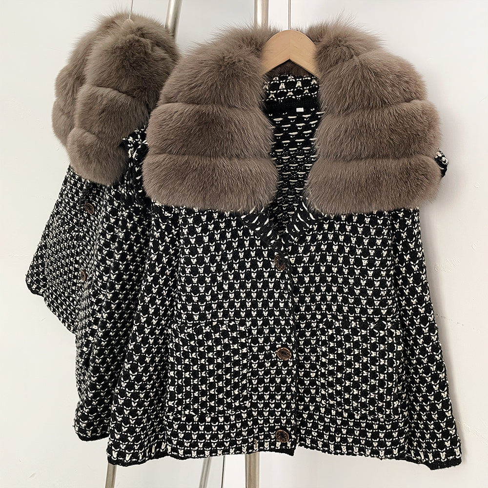 OFTBUY Women's Real Fox Raccoon Fur Collar Houndstooth Knit Cardigan Warm Winter Sweater Coat Female Luxury Elegant Outerwear