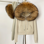 OFTBUY New Women's Beige Knit Hoodie with Large Real Fox Fur Trim Zipper Pockets Warm Winter Fashion Casual Outerwear Lady