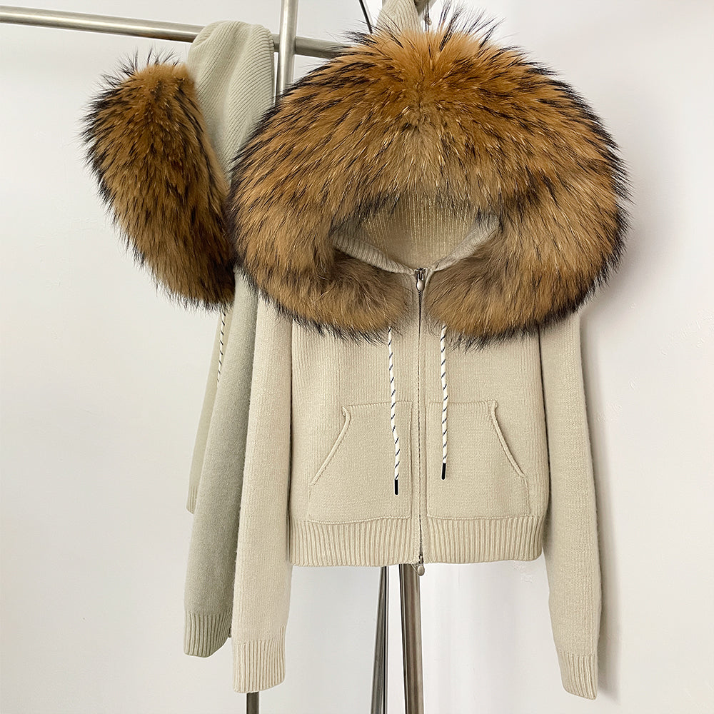 OFTBUY New Women's Beige Knit Hoodie with Large Real Fox Fur Trim Zipper Pockets Warm Winter Fashion Casual Outerwear Lady