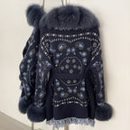 OFTBUY Women's Paisley Knit Cardigan with Real Fox Fur Trim Belted Sweater Coat Female New Luxury Clothes Winter Outerwear Lady