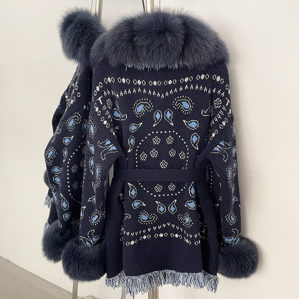 OFTBUY Women's Paisley Knit Cardigan with Real Fox Fur Trim Belted Sweater Coat Female New Luxury Clothes Winter Outerwear Lady
