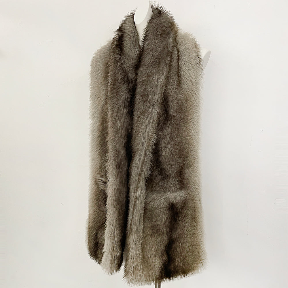 OFTBUY Luxury Long-Line Faux Fur Gilet - Premium Vegan Fox Fur Sleeveless Overcoat with Oversized Shawl Collar