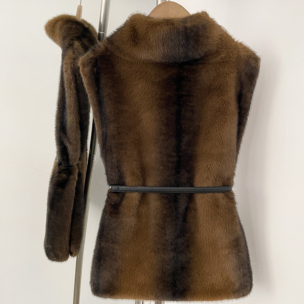 OFTBUY Luxury Belted Faux Fur Vest - Elegant Funnel Neck Vegan Fur Gilet with Vertical Stripes