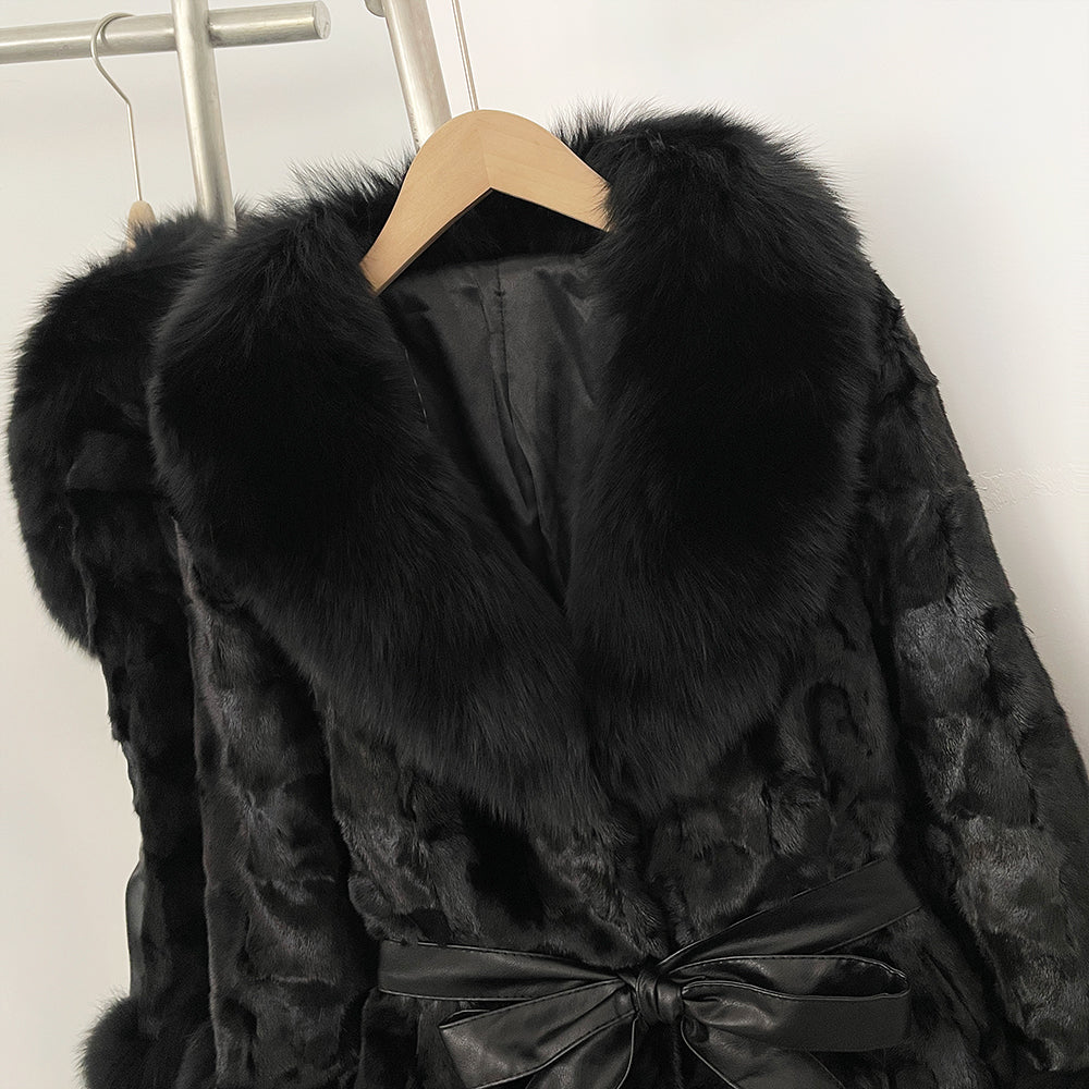 OFTBUY New Winter Thickened Warm Clothes Female Mid-length Leather Belt Real Mink Fur Coat Women Black Natural Fox Fur Jacket