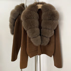 OFTBUY New Women's Knit Cardigan with Large Real Fox Fur Collar Loose Fit Warm Winter Fashion Lady Outerwear Sweater Female