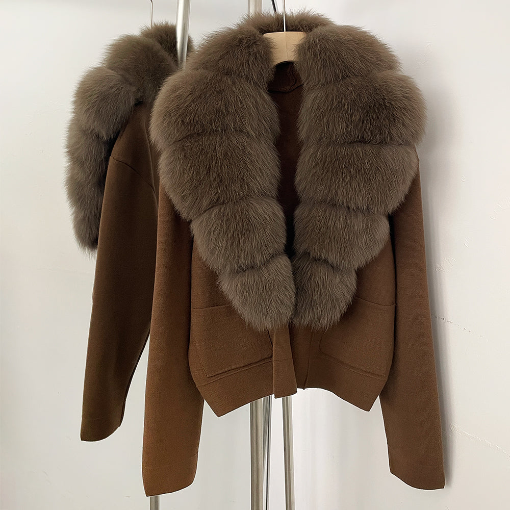 OFTBUY New Women's Knit Cardigan with Large Real Fox Fur Collar Loose Fit Warm Winter Fashion Lady Outerwear Sweater Female