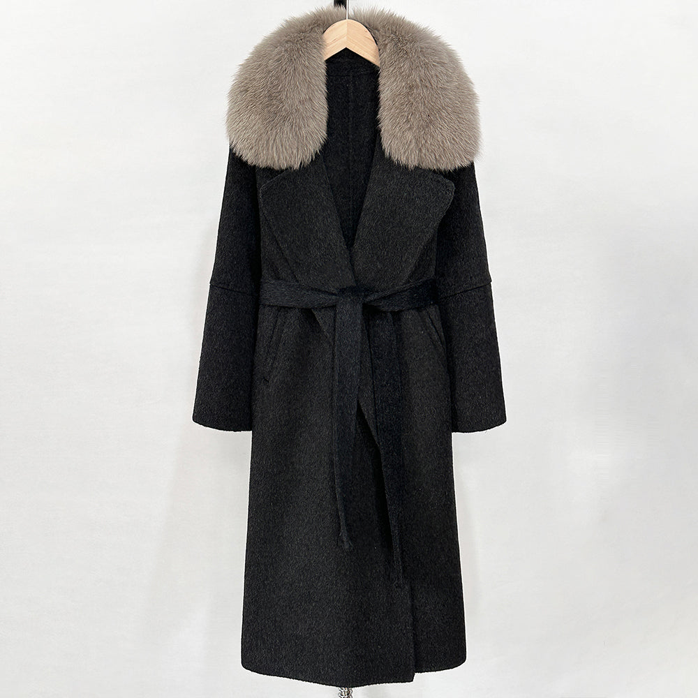 OFTBUY New Autumn Winter Long Clothing Women Fashion Warm Wool Coat with Real Fox Fur Collar Belt Elegant Woolen Jcacket Female