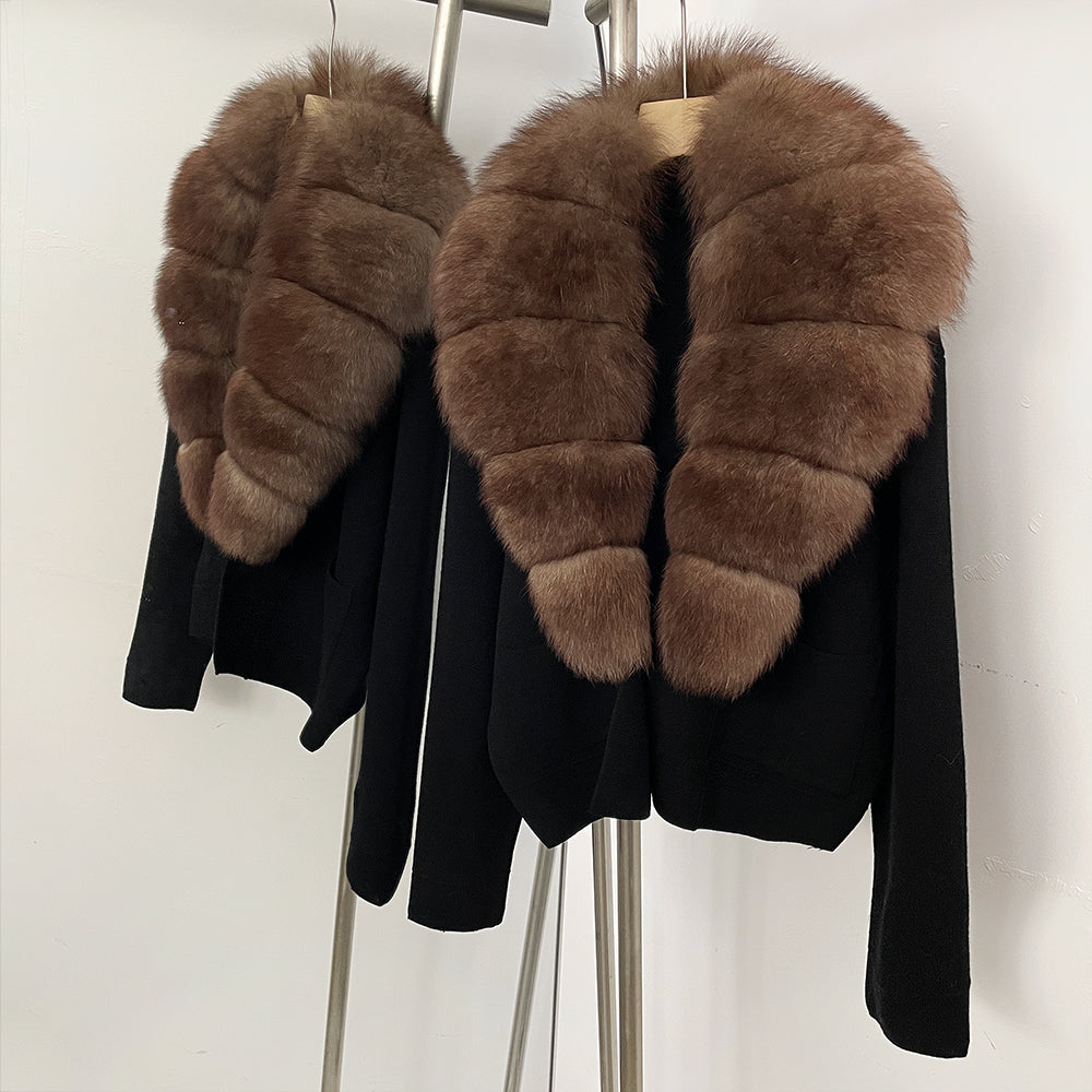 OFTBUY New Women's Knit Cardigan with Large Real Fox Fur Collar Loose Fit Warm Winter Fashion Lady Outerwear Sweater Female