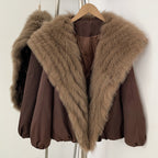 OFTBUY Luxury Oversized Real Fox Fur Collar Duck Down Cropped Jacket - 90% Duck Down Fill Winter Puffer Coat