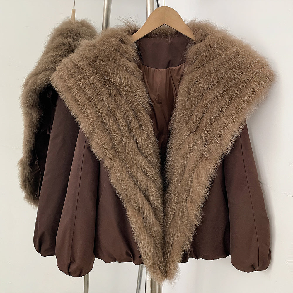 OFTBUY Luxury Oversized Real Fox Fur Collar Duck Down Cropped Jacket - 90% Duck Down Fill Winter Puffer Coat