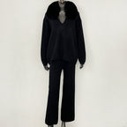 OFTBUY New Women's Knit Two Piece Set with Real Fox Fur Collar Loose Pants Warm Winter Elegant Casual Outfit Sweater Female