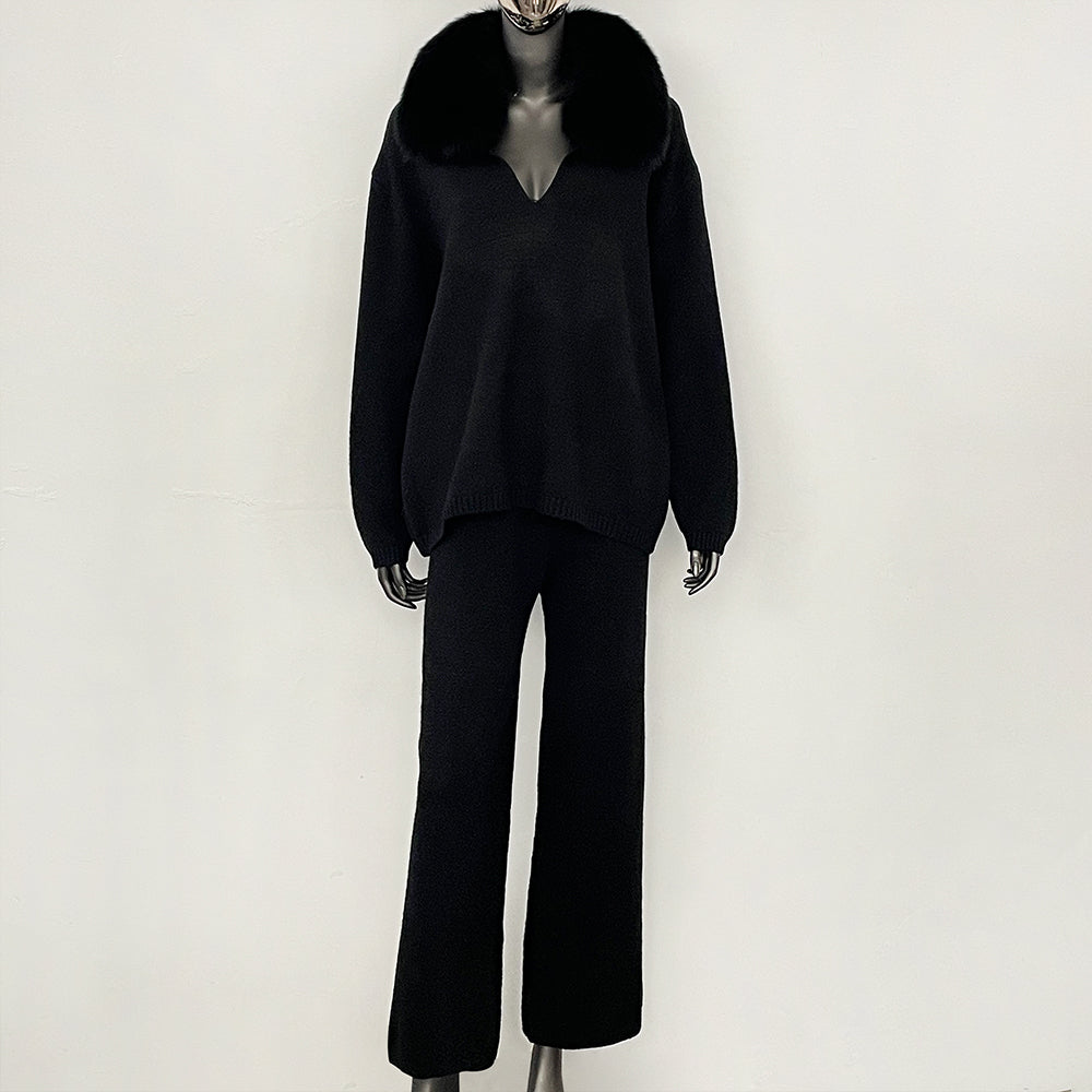 OFTBUY New Women's Knit Two Piece Set with Real Fox Fur Collar Loose Pants Warm Winter Elegant Casual Outfit Sweater Female