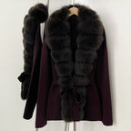 OFTBUY New Women's Knit Cardigan with Oversized Real Fox Fur Trim Self-Tie Belt Sweater Luxury Warm Winter Fashion Outerwear