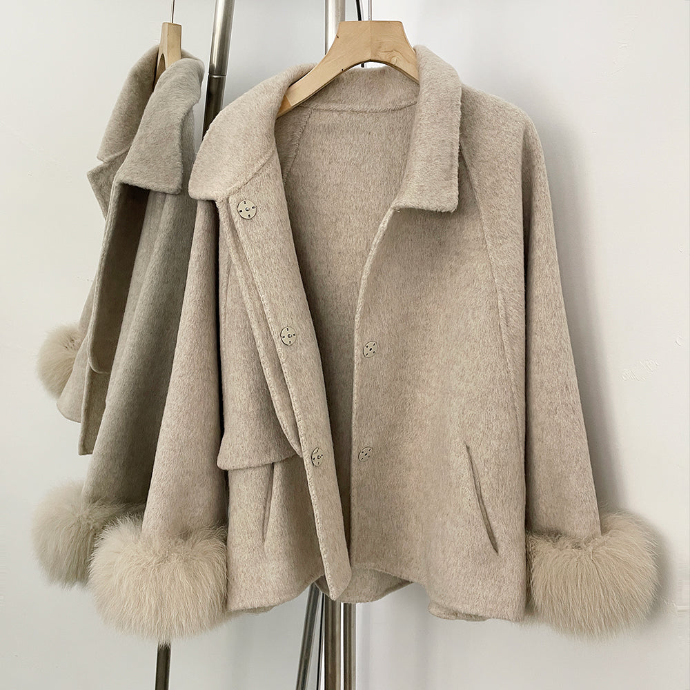 OFTBUY New Women's Double-Faced Wool Coat with Real Fox Fur Cuffs Lapel Collar Coat Design Warm Winter Elegant Fashion Outerwear